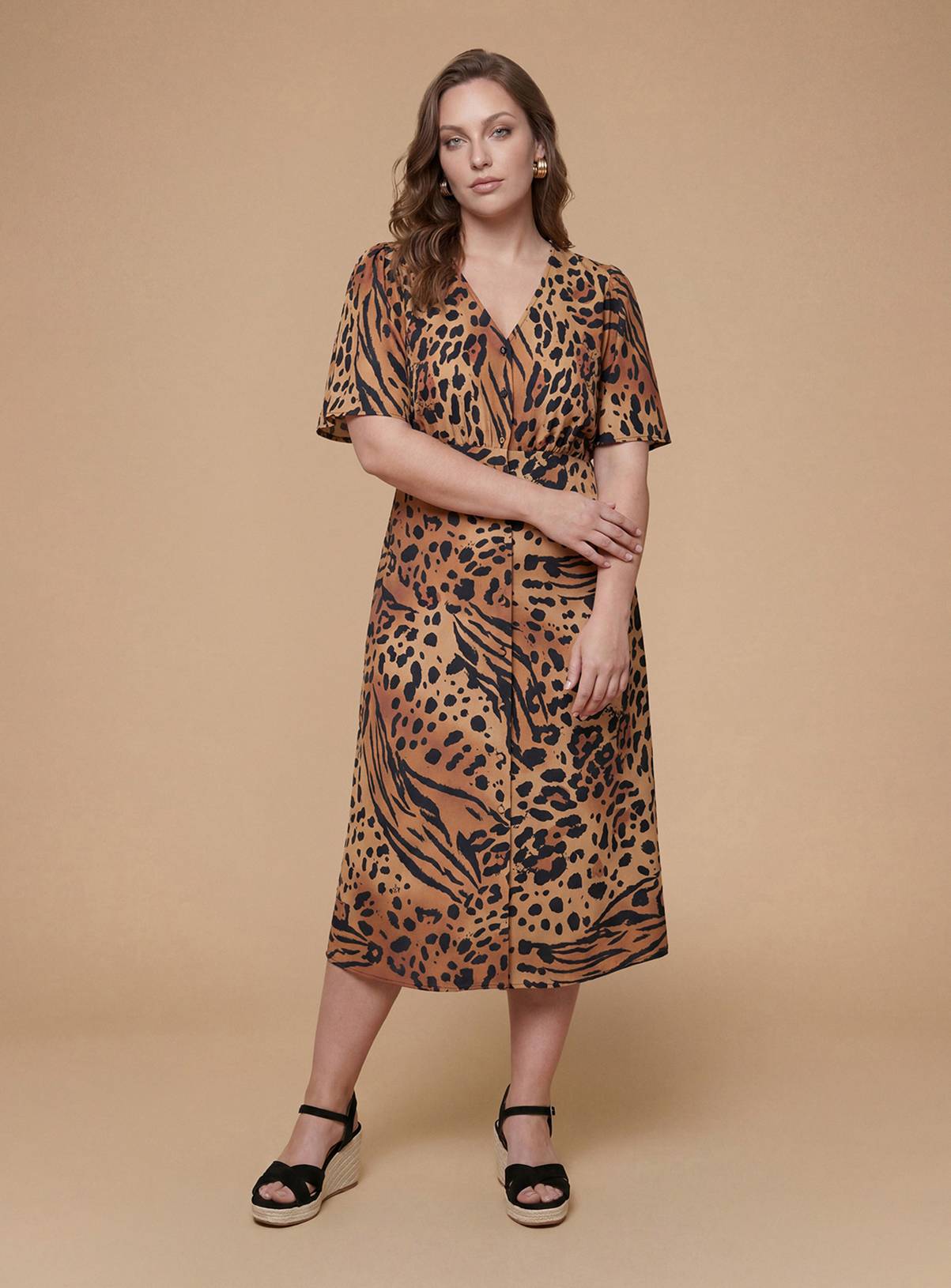 DOROTHY PERKINS Curve Animal Button Front Angel Sleeve Tie Back Midi Dress 22 - Image 1